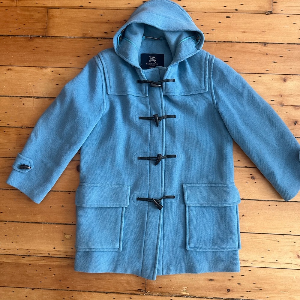BURBERRY 100% Wool Blue Duffle Toggle Coat with Hood